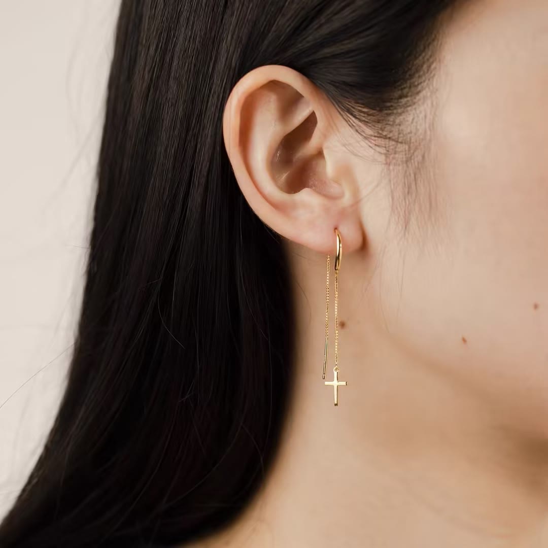 Christianartworkshop Minimal Bar Accent Long Tassel Threader Earrings with Flat Cross Charm: A Reminder of Divine Grace - image 1