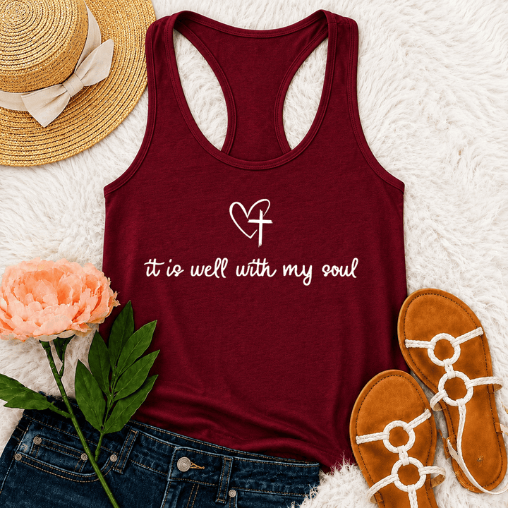 Christianartworkshop It Is Well With My Soul Heart Cross Racerback Tank Top - Wine - 2XL - image 24