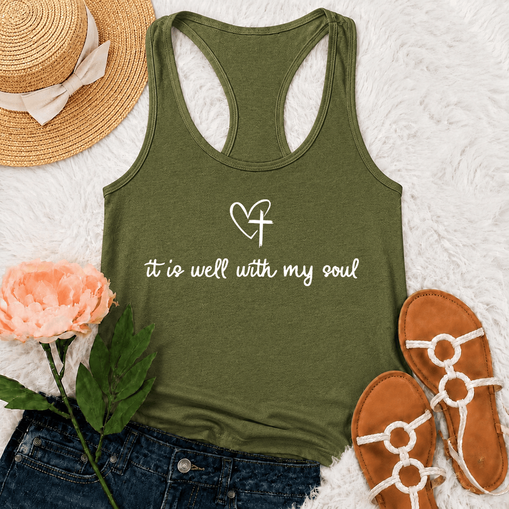 Christianartworkshop It Is Well With My Soul Heart Cross Racerback Tank Top - Army Green - 2XL - image 18