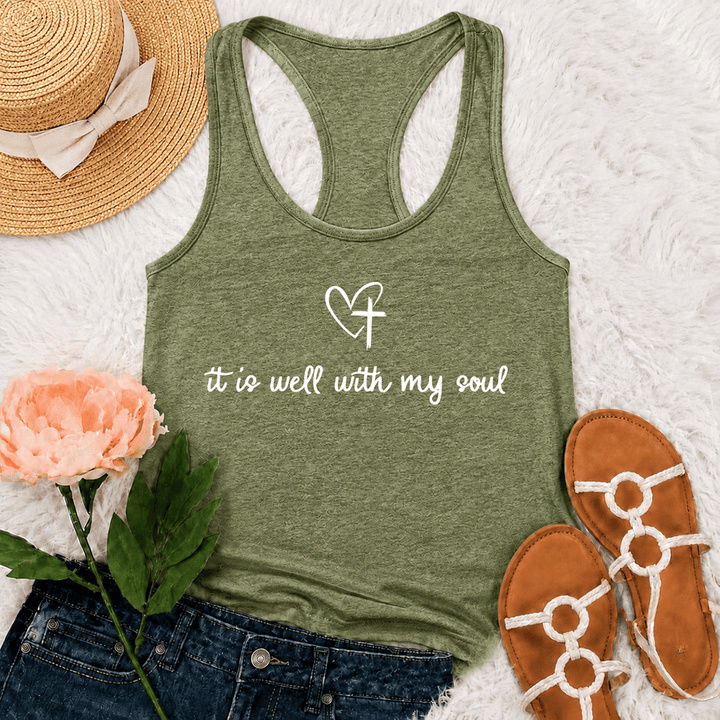 Christianartworkshop It Is Well With My Soul Heart Cross Racerback Tank Top - Olive Green - 2XL - image 15