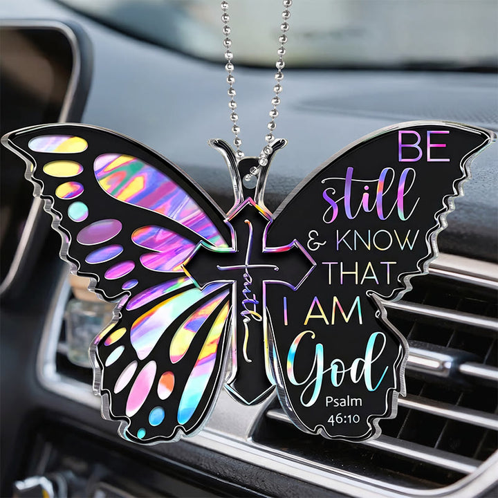 Christianartworkshop Iridescent Cutout Butterfly Cross Psalm 46:10 Acrylic Car Rearview Mirror Pendant with Bead Chain - image 5