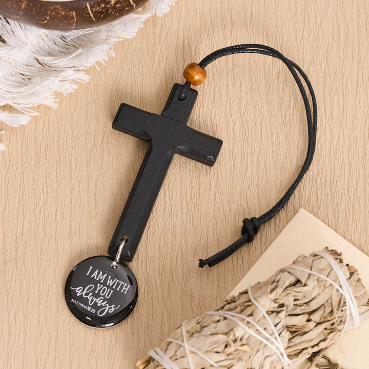 Christianartworkshop Classic Carved Solid Wood Cross NFC Matthew 28:20 Verse Smart Car Pendant - Black - image 5