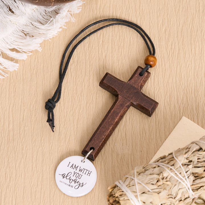 Christianartworkshop Classic Carved Solid Wood Cross NFC Matthew 28:20 Verse Smart Car Pendant - image 3