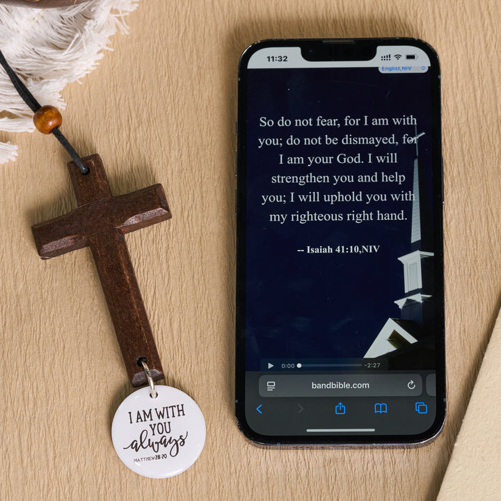 Christianartworkshop Classic Carved Solid Wood Cross NFC Matthew 28:20 Verse Smart Car Pendant - image 2