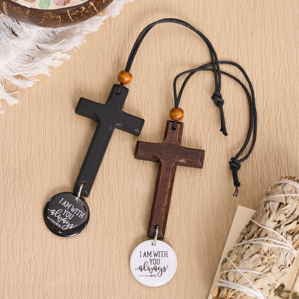 Christianartworkshop Classic Carved Solid Wood Cross NFC Matthew 28:20 Verse Smart Car Pendant - image 1