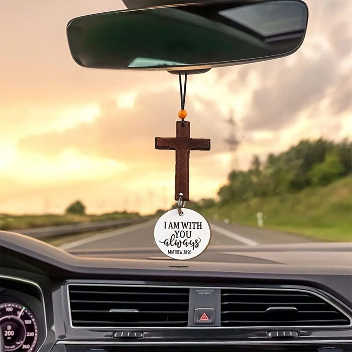 Christianartworkshop Classic Carved Solid Wood Cross NFC Matthew 28:20 Verse Smart Car Pendant - White - image 0