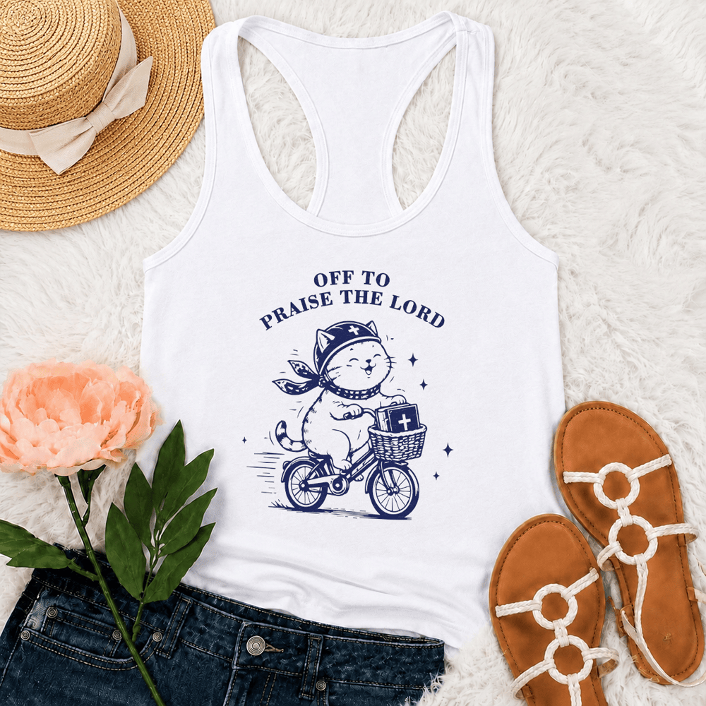 Christianartworkshop Cute Cat Off To Praise The Lord Racerback Tank Top - White - 2XL - image 6