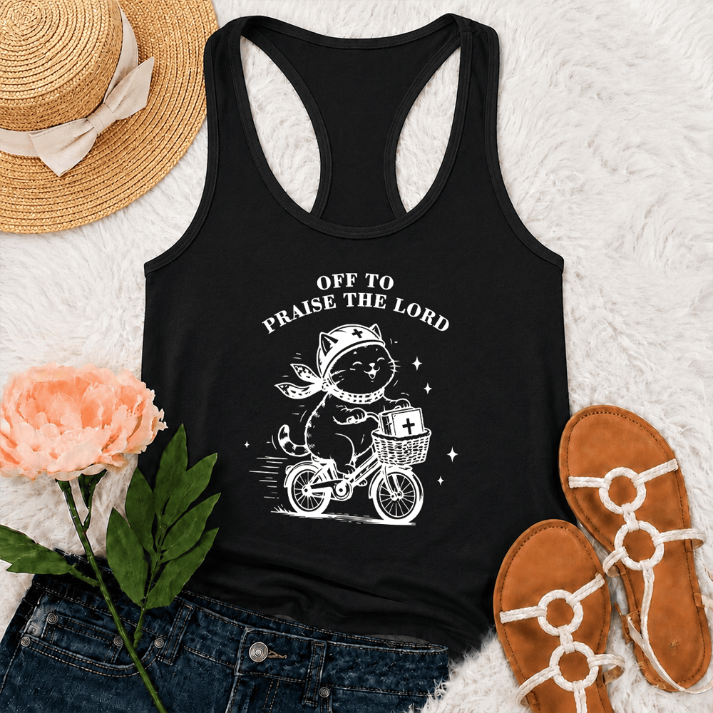Christianartworkshop Cute Cat Off To Praise The Lord Racerback Tank Top - Black - 2XL - image 3
