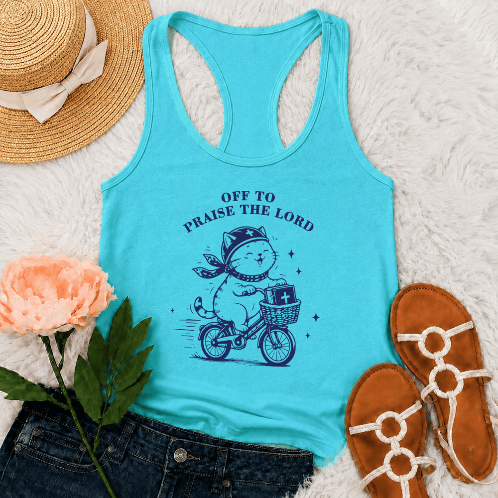 Christianartworkshop Cute Cat Off To Praise The Lord Racerback Tank Top - Mint - 2XL - image 0