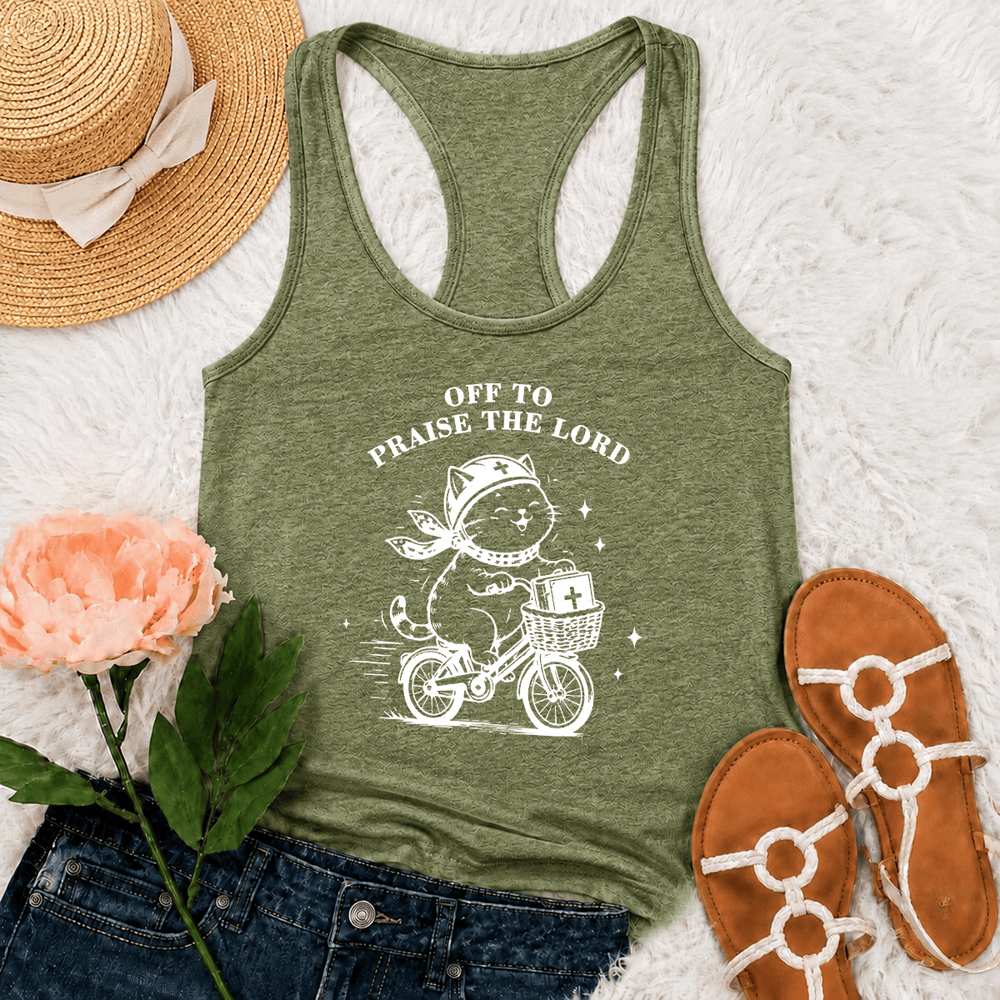 Christianartworkshop Cute Cat Off To Praise The Lord Racerback Tank Top - Olive Green - 2XL - image 15