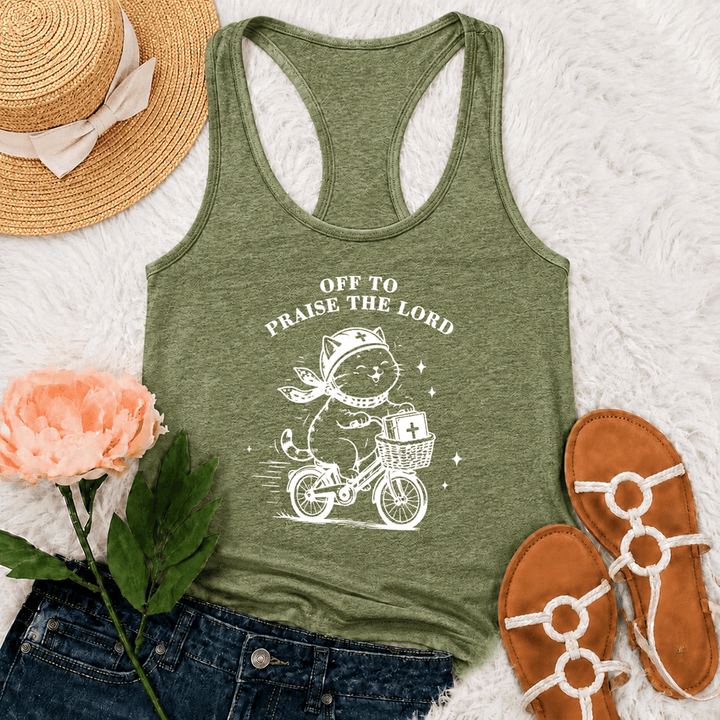 Christianartworkshop Cute Cat Off To Praise The Lord Racerback Tank Top - Olive Green - 2XL - image 15