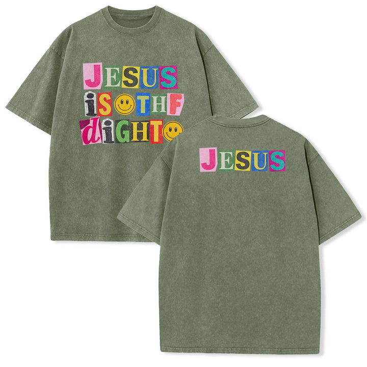 Christianartworkshop Jesus Is The Light Color Block Smile Graphic Washed Unisex T-Shirt - Army Green - 5XL - image 7