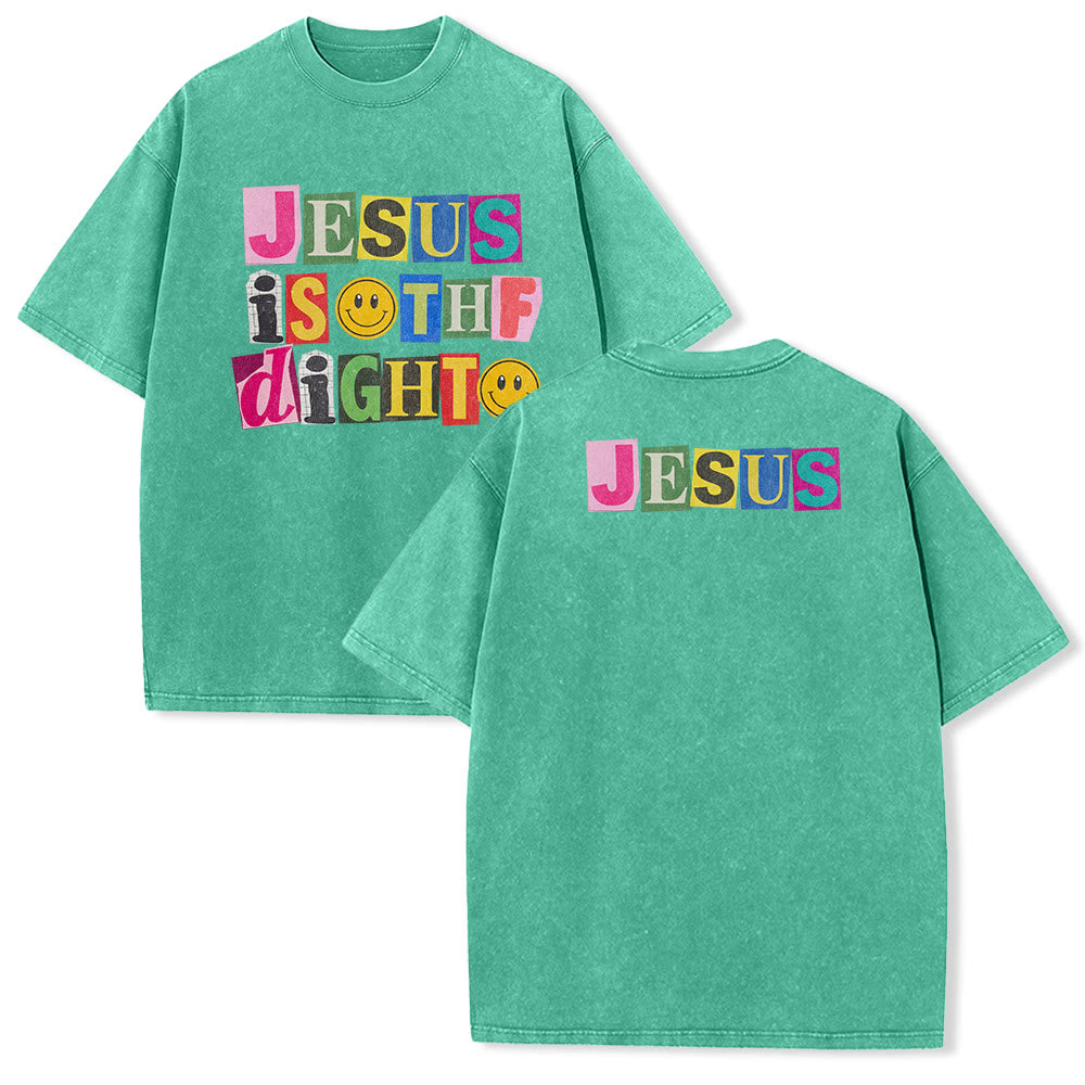 Christianartworkshop Jesus Is The Light Color Block Smile Graphic Washed Unisex T-Shirt - Green - 5XL - image 10