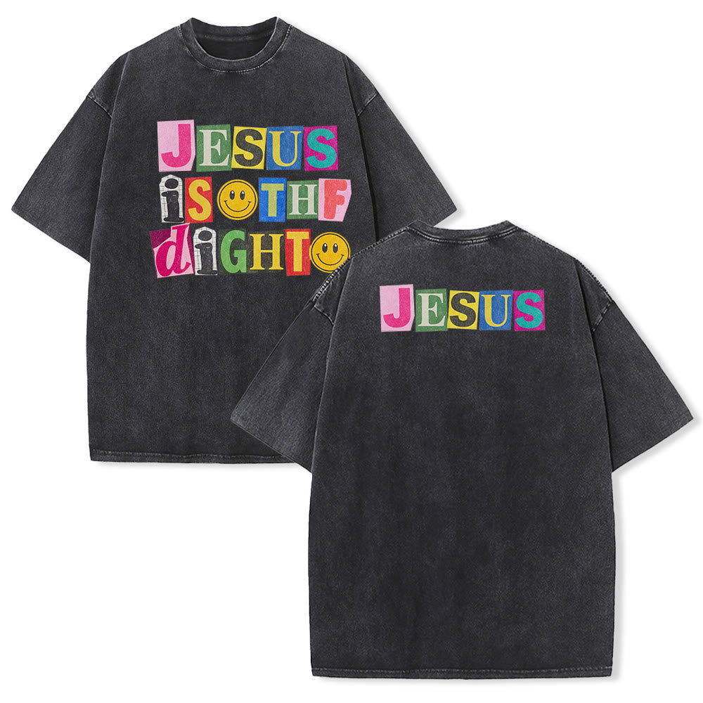 Christianartworkshop Jesus Is The Light Color Block Smile Graphic Washed Unisex T-Shirt - Black - 5XL - image 1