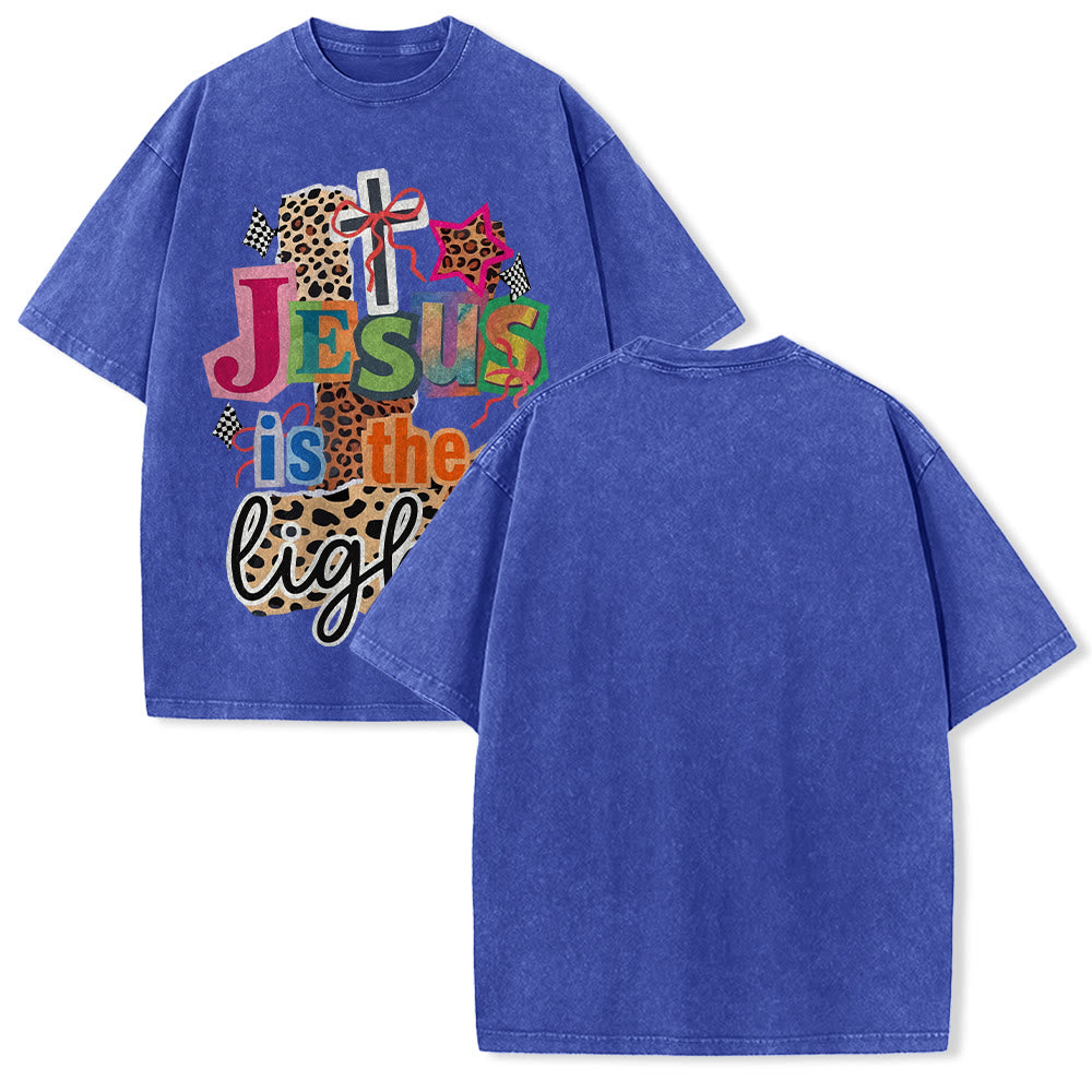 Christianartworkshop Jesus Is The Light Leopard Cross Bow Star Graphic Washed Unisex T-Shirt - Blue - 5XL - image 25