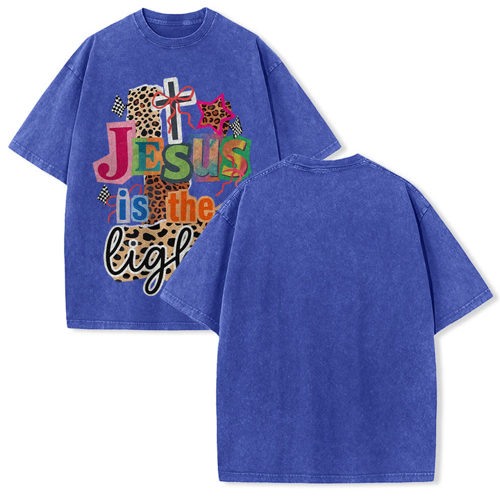 Christianartworkshop Jesus Is The Light Leopard Cross Bow Star Graphic Washed Unisex T-Shirt - Blue - 5XL - image 25
