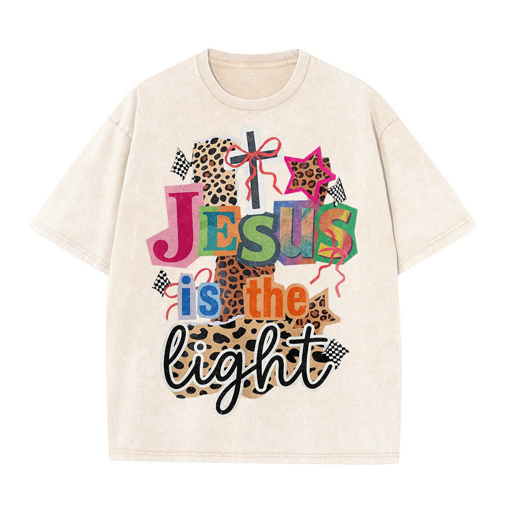 Christianartworkshop Jesus Is The Light Leopard Cross Bow Star Graphic Washed Unisex T-Shirt - image 17