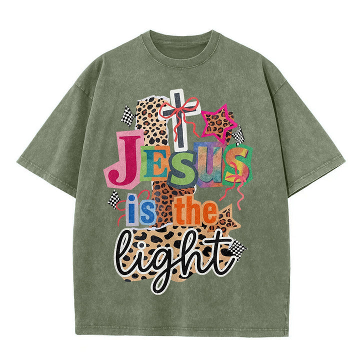 Christianartworkshop Jesus Is The Light Leopard Cross Bow Star Graphic Washed Unisex T-Shirt - image 8