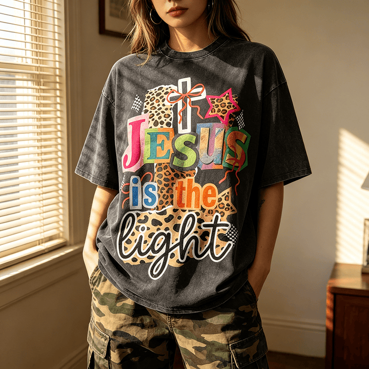 Christianartworkshop Jesus Is The Light Leopard Cross Bow Star Graphic Washed Unisex T-Shirt - image 0
