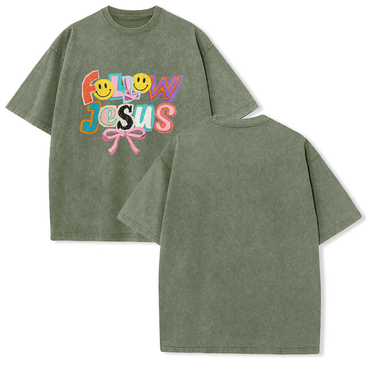 Christianartworkshop Follow Jesus Smile Bow Color Block Letter Washed Unisex T-Shirt - Army Green - 5XL - image 7