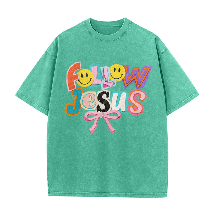 Christianartworkshop Follow Jesus Smile Bow Color Block Letter Washed Unisex T-Shirt - image 11