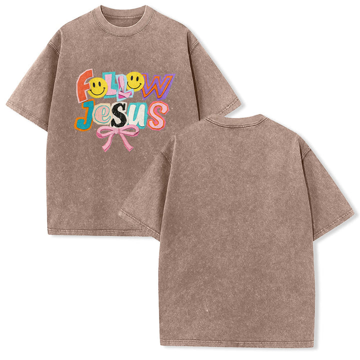 Christianartworkshop Follow Jesus Smile Bow Color Block Letter Washed Unisex T-Shirt - Brown - 5XL - image 13