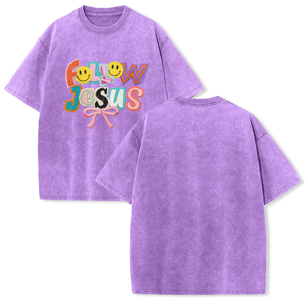 Christianartworkshop Follow Jesus Smile Bow Color Block Letter Washed Unisex T-Shirt - Purple - 5XL - image 22