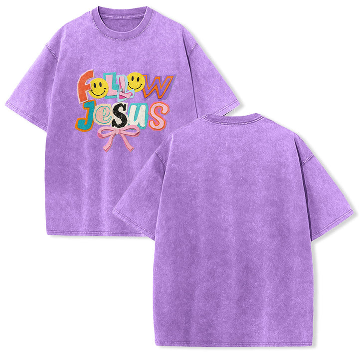 Christianartworkshop Follow Jesus Smile Bow Color Block Letter Washed Unisex T-Shirt - Purple - 5XL - image 22
