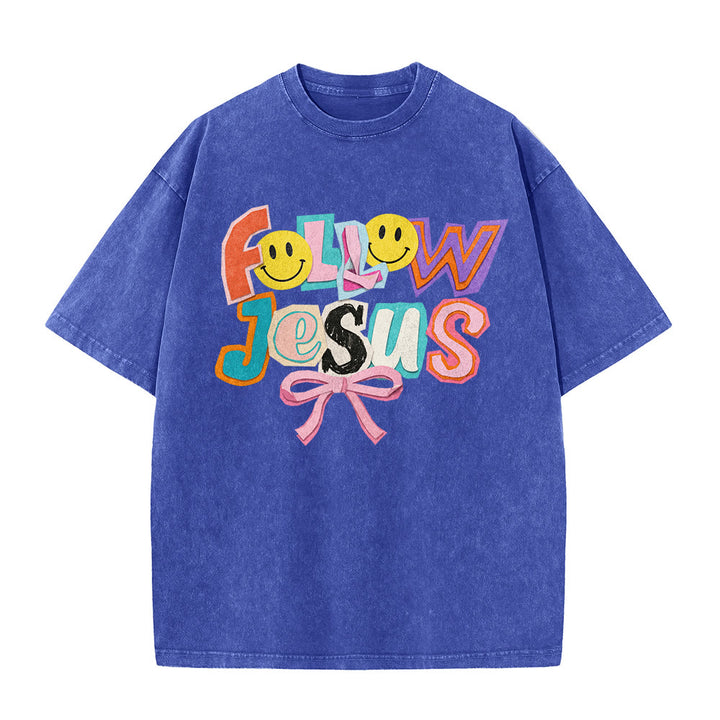 Christianartworkshop Follow Jesus Smile Bow Color Block Letter Washed Unisex T-Shirt - image 26