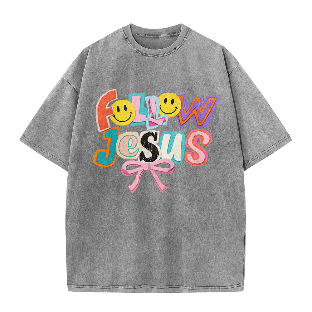 Christianartworkshop Follow Jesus Smile Bow Color Block Letter Washed Unisex T-Shirt - image 5