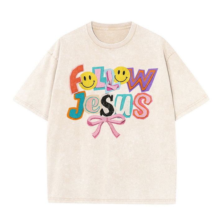 Christianartworkshop Follow Jesus Smile Bow Color Block Letter Washed Unisex T-Shirt - image 17