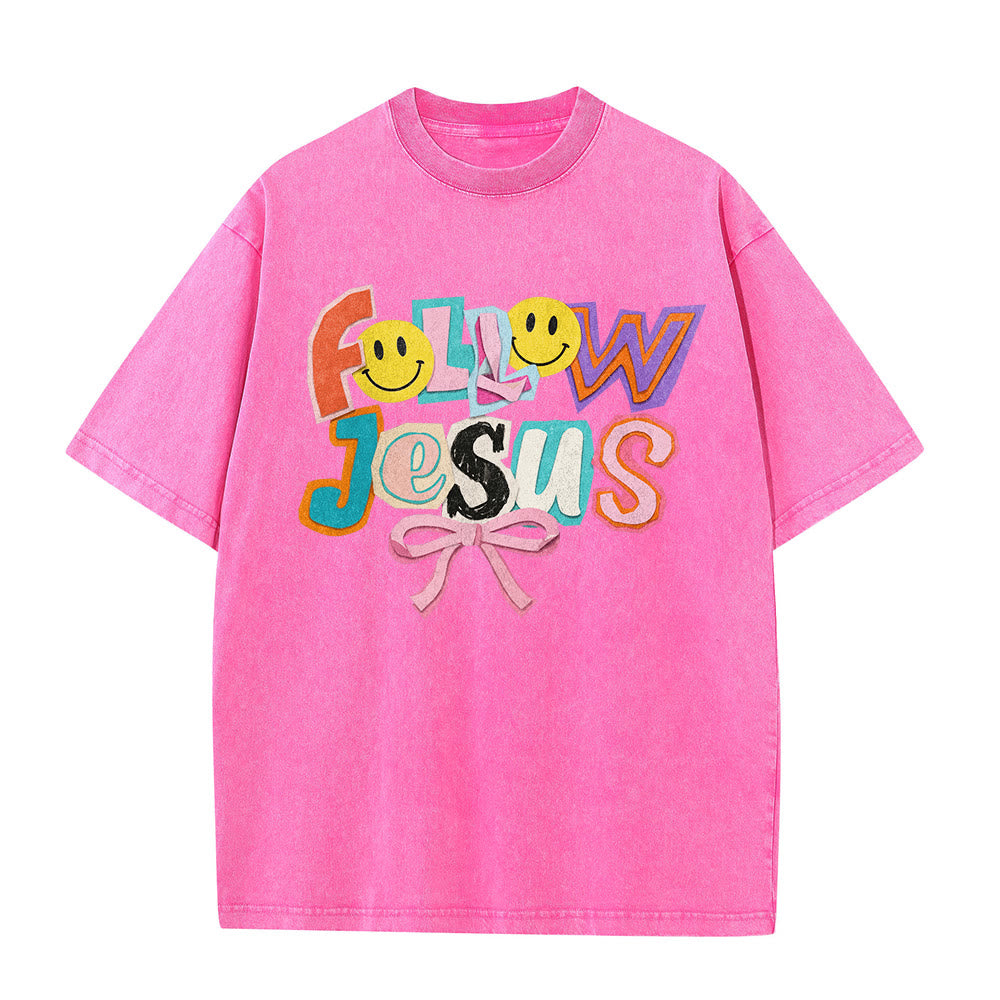 Christianartworkshop Follow Jesus Smile Bow Color Block Letter Washed Unisex T-Shirt - image 20