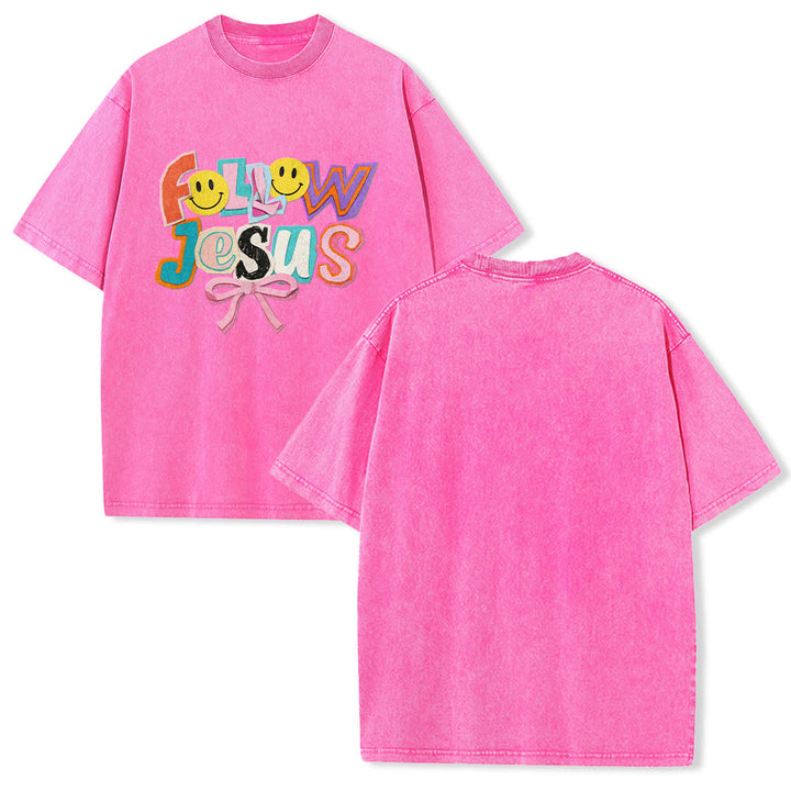 Christianartworkshop Follow Jesus Smile Bow Color Block Letter Washed Unisex T-Shirt - Pink - 5XL - image 19