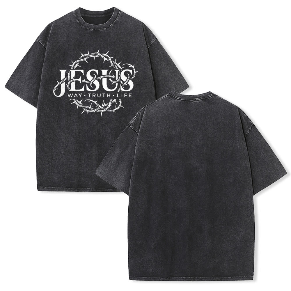 Christianartworkshop Jesus Way Truth Life Crown Of Thorns Circular Graphic Washed Unisex T-Shirt - Black - 5XL - image 1