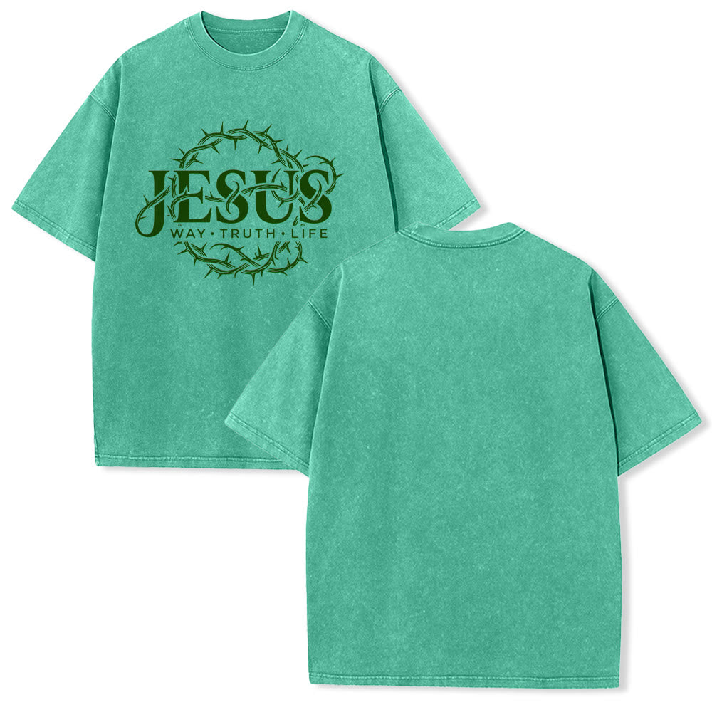 Christianartworkshop Jesus Way Truth Life Crown Of Thorns Circular Graphic Washed Unisex T-Shirt - Green - 5XL - image 10