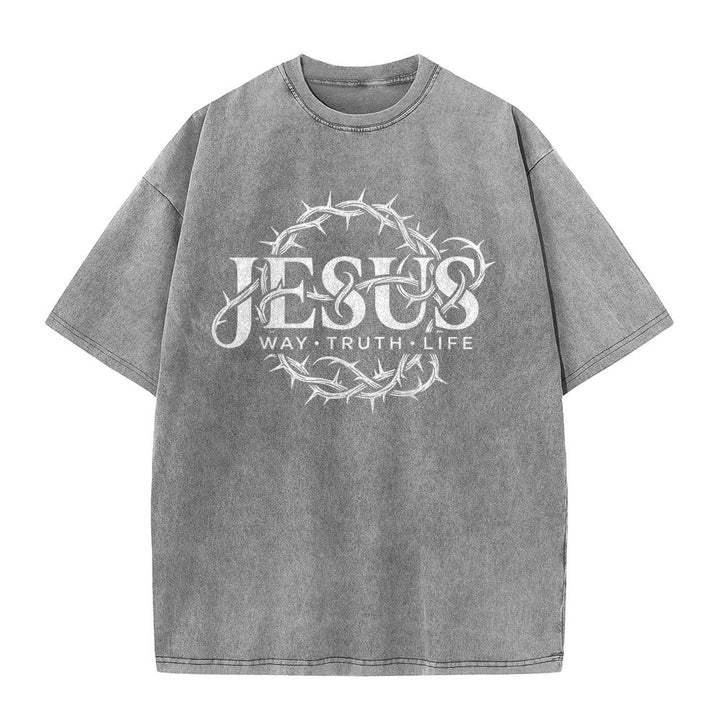Christianartworkshop Jesus Way Truth Life Crown Of Thorns Circular Graphic Washed Unisex T-Shirt - image 5
