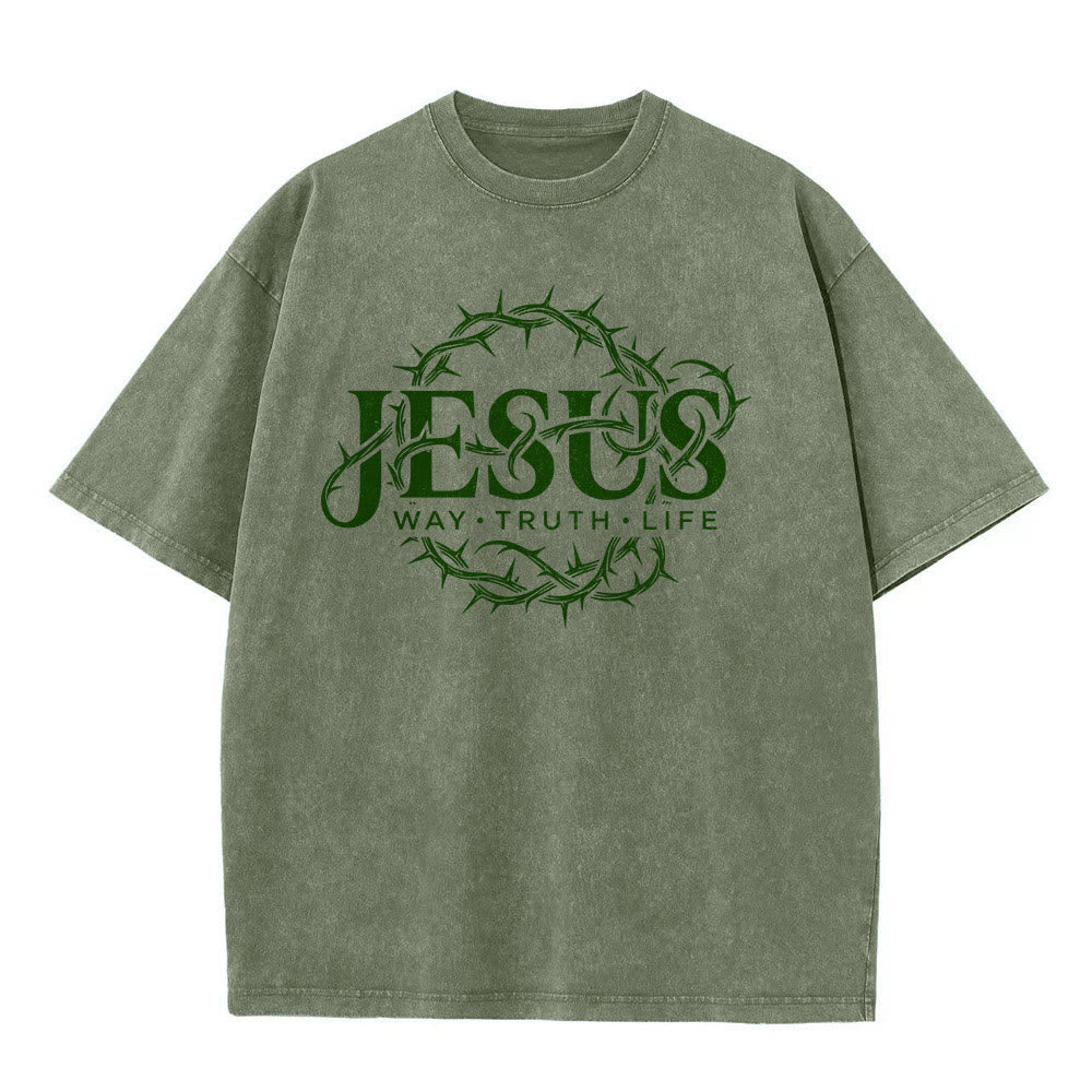 Christianartworkshop Jesus Way Truth Life Crown Of Thorns Circular Graphic Washed Unisex T-Shirt - image 8