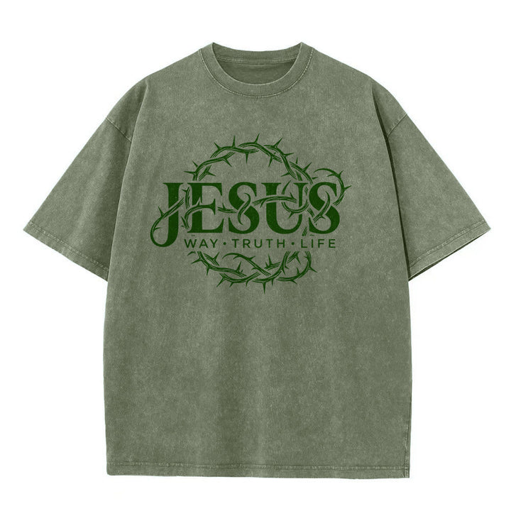 Christianartworkshop Jesus Way Truth Life Crown Of Thorns Circular Graphic Washed Unisex T-Shirt - image 8