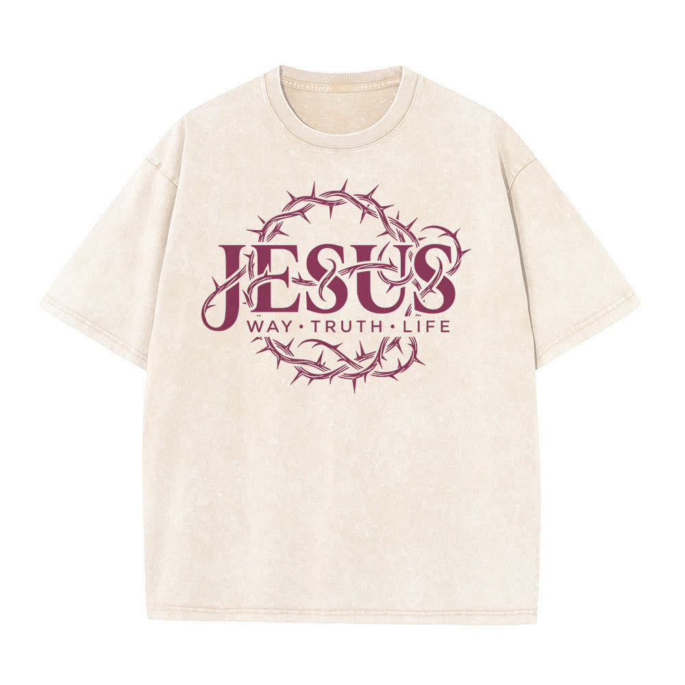 Christianartworkshop Jesus Way Truth Life Crown Of Thorns Circular Graphic Washed Unisex T-Shirt - image 17