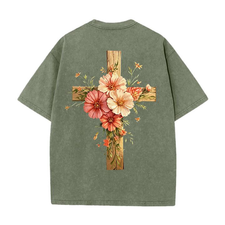 Christianartworkshop Jesus Is The Light Double Sided Floral Cross Graphic Washed Unisex T-Shirt - image 9