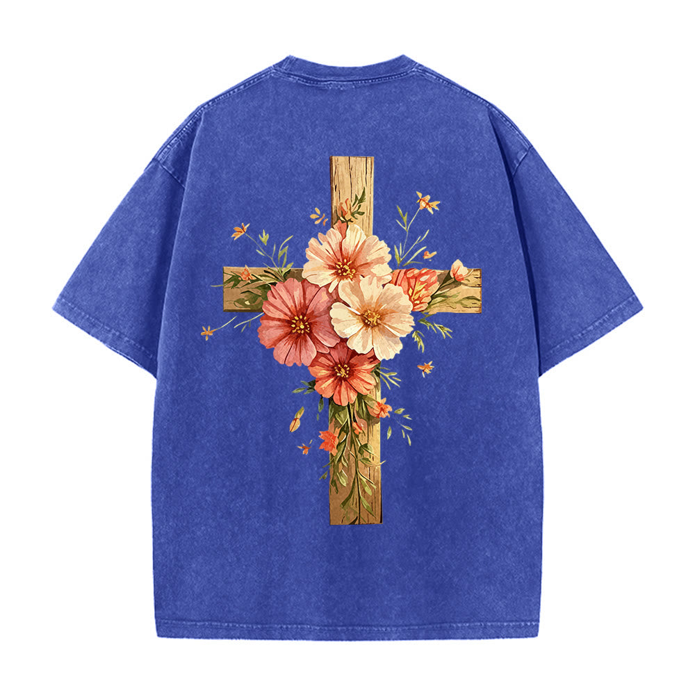 Christianartworkshop Jesus Is The Light Double Sided Floral Cross Graphic Washed Unisex T-Shirt - image 27