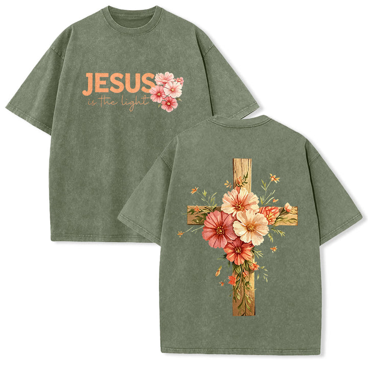 Christianartworkshop Jesus Is The Light Double Sided Floral Cross Graphic Washed Unisex T-Shirt - Army Green - 5XL - image 7