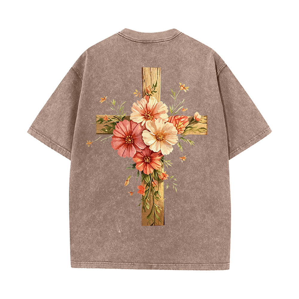 Christianartworkshop Jesus Is The Light Double Sided Floral Cross Graphic Washed Unisex T-Shirt - image 15