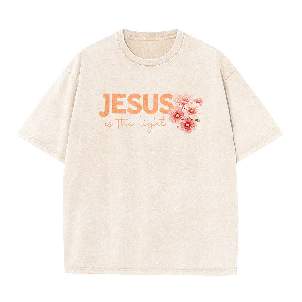 Christianartworkshop Jesus Is The Light Double Sided Floral Cross Graphic Washed Unisex T-Shirt - image 17