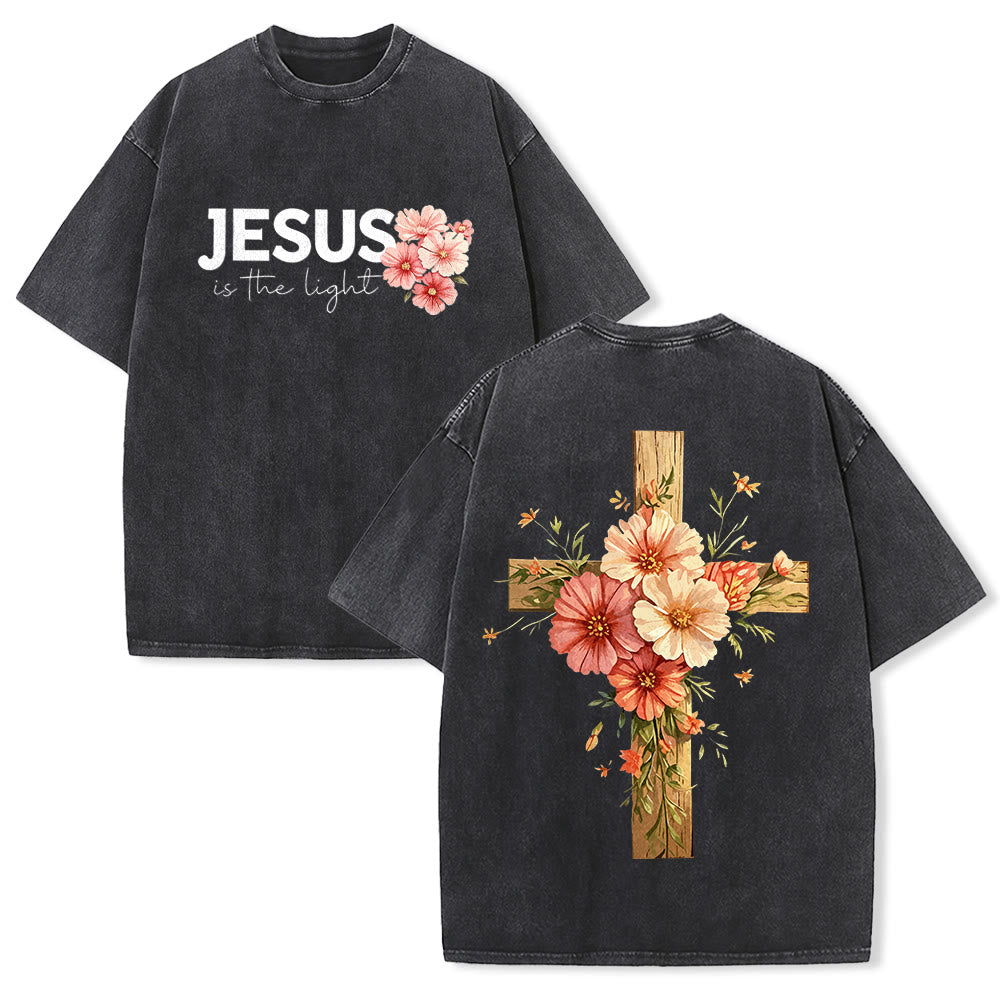 Christianartworkshop Jesus Is The Light Double Sided Floral Cross Graphic Washed Unisex T-Shirt - Black - 5XL - image 1