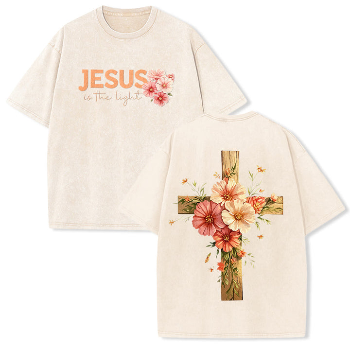 Christianartworkshop Jesus Is The Light Double Sided Floral Cross Graphic Washed Unisex T-Shirt - Beige - 5XL - image 16