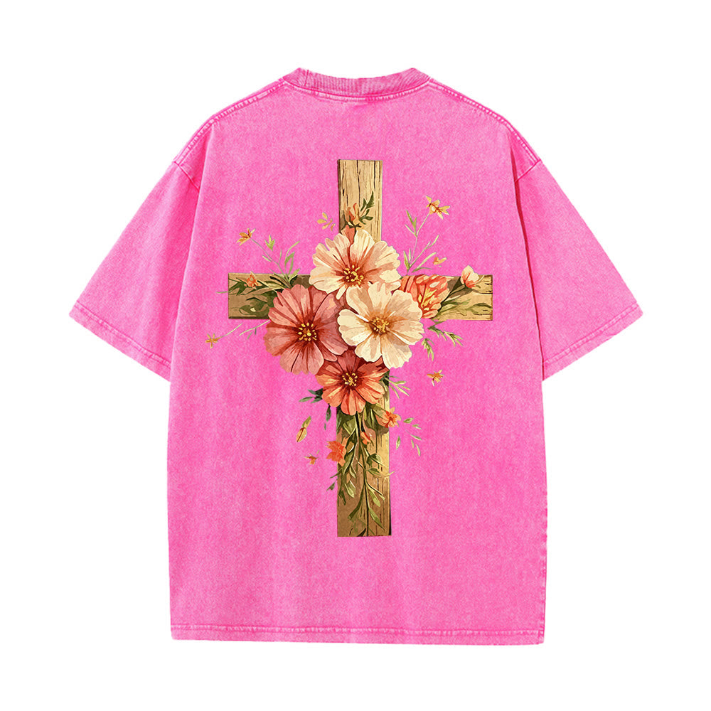 Christianartworkshop Jesus Is The Light Double Sided Floral Cross Graphic Washed Unisex T-Shirt - image 21