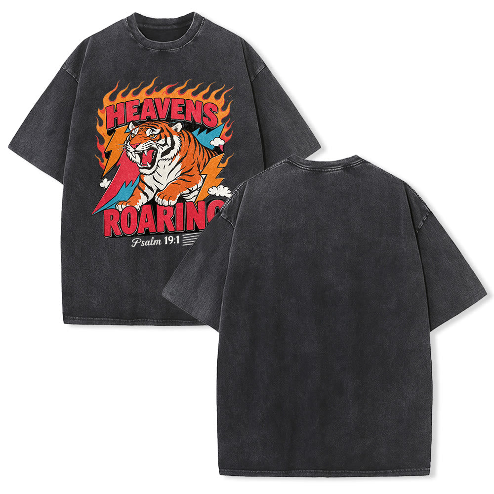 Christianartworkshop Heavens Roaring Tiger Flame Lightning Psalm 19:1 Retro Washed Unisex T-Shirt - Black - 5XL - image 4