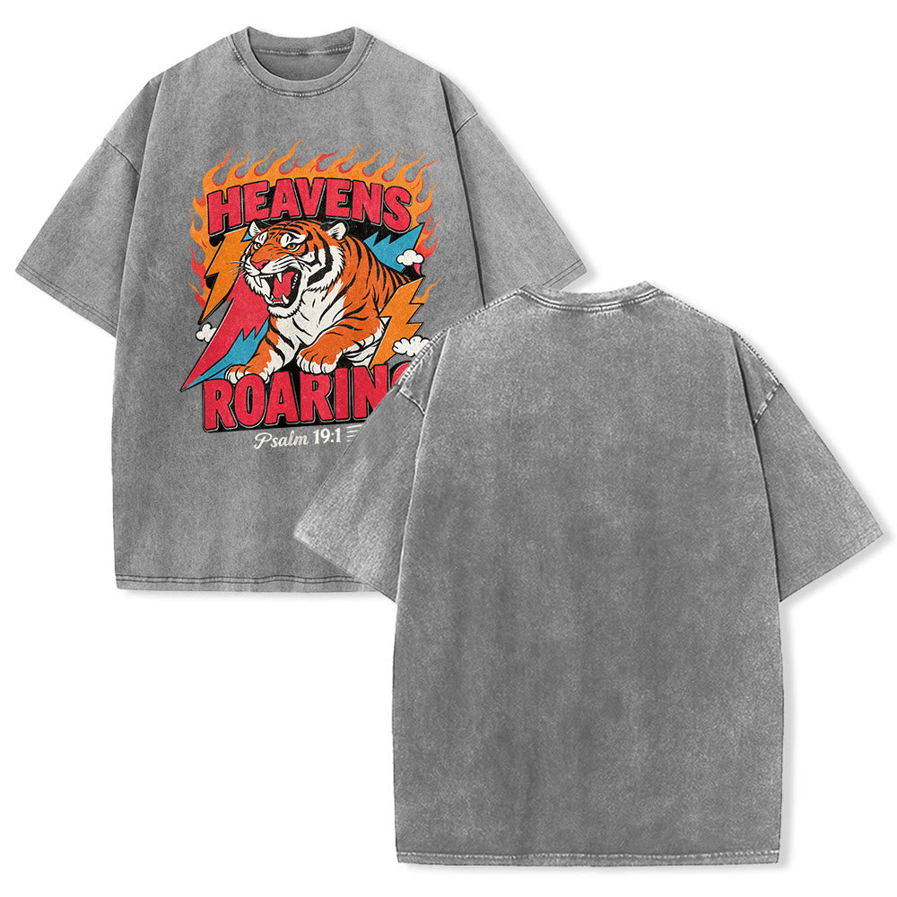 Christianartworkshop Heavens Roaring Tiger Flame Lightning Psalm 19:1 Retro Washed Unisex T-Shirt - Grey - 5XL - image 7