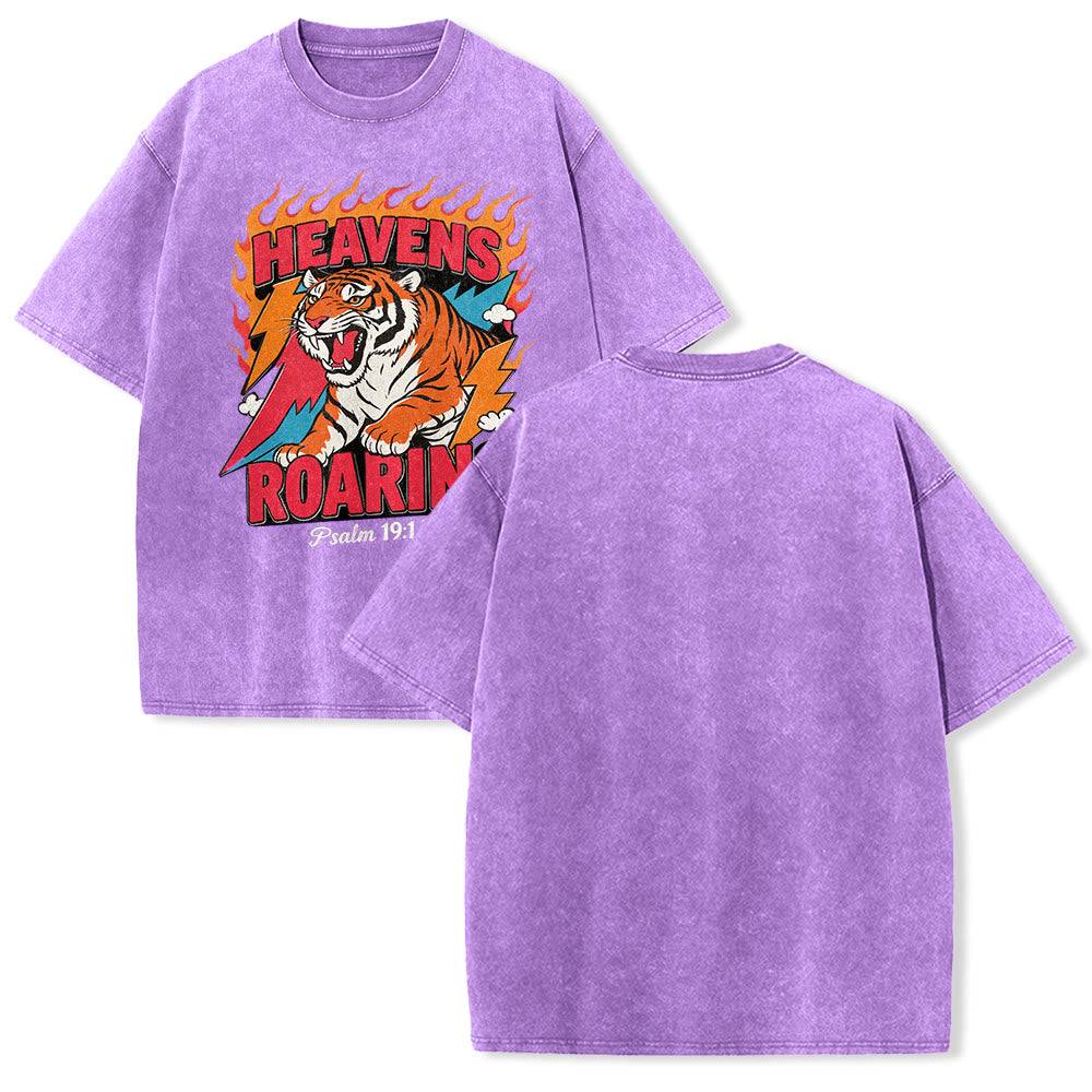 Christianartworkshop Heavens Roaring Tiger Flame Lightning Psalm 19:1 Retro Washed Unisex T-Shirt - Purple - 5XL - image 25